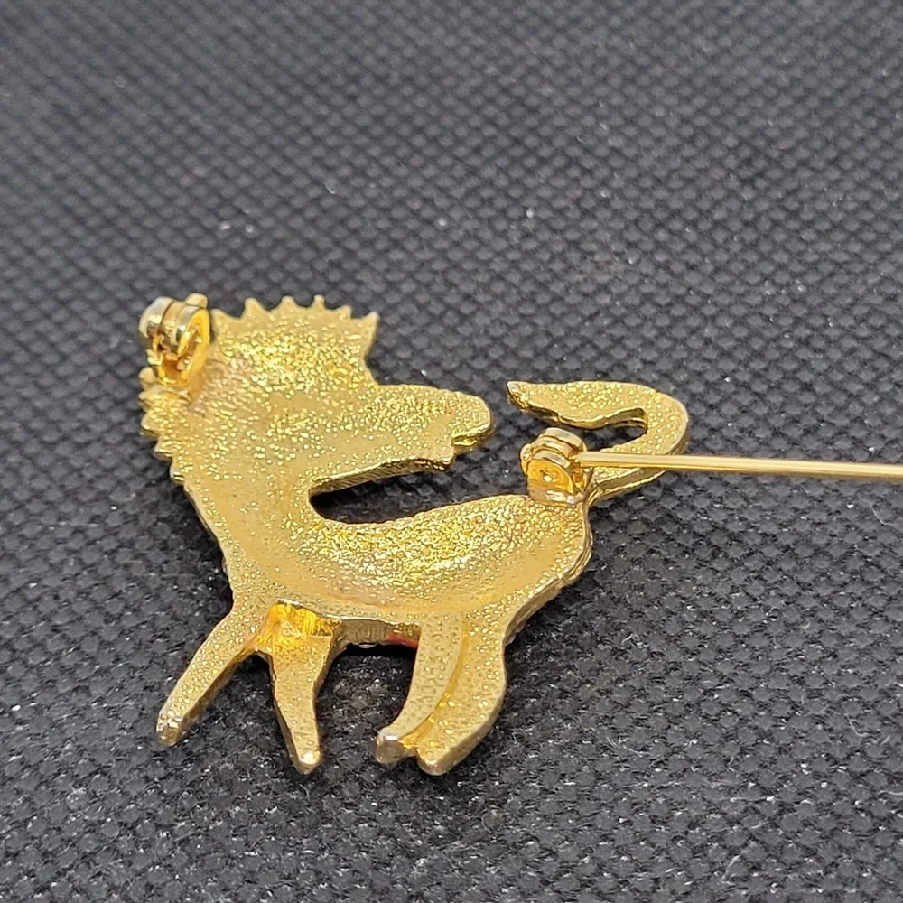 Zebra Brooch Enamel Rhinestone Animal‎ Pin Gold Tone Orange Stripe